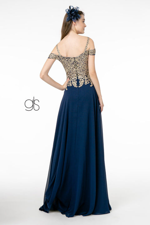 Elizabeth K GL2998: Long Dress with Cold Shoulder and Gold Appliques