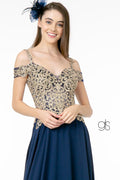 Elizabeth K GL2998: Long Dress with Cold Shoulder and Gold Appliques