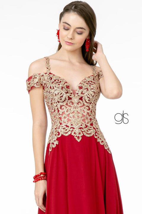 Elizabeth K GL2998: Long Dress with Cold Shoulder and Gold Appliques