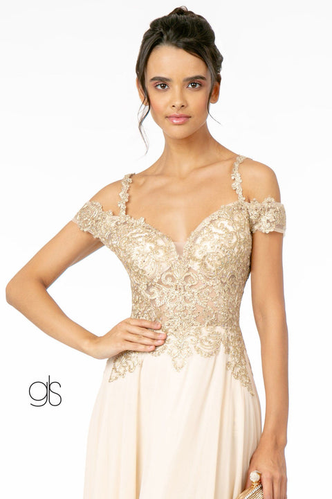Elizabeth K GL2998: Long Dress with Cold Shoulder and Gold Appliques