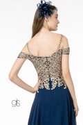 Elizabeth K GL2998: Long Dress with Cold Shoulder and Gold Appliques