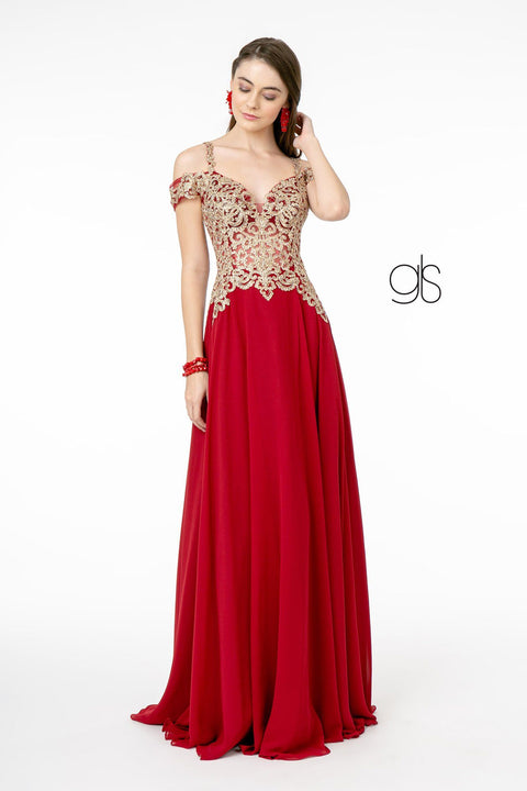 Elizabeth K GL2998: Long Dress with Cold Shoulder and Gold Appliques