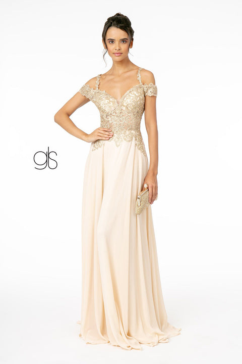 Elizabeth K GL2998: Long Dress with Cold Shoulder and Gold Appliques