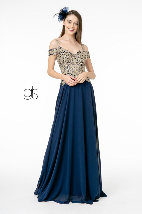 Elizabeth K GL2998: Long Dress with Cold Shoulder and Gold Appliques