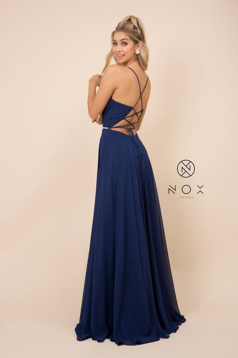 Long Deep V-Neck Gown with Corset Back by Nox Anabel R416