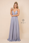 Long Deep V-Neck Gown with Corset Back by Nox Anabel R416
