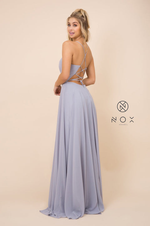 Long Deep V-Neck Gown with Corset Back by Nox Anabel R416