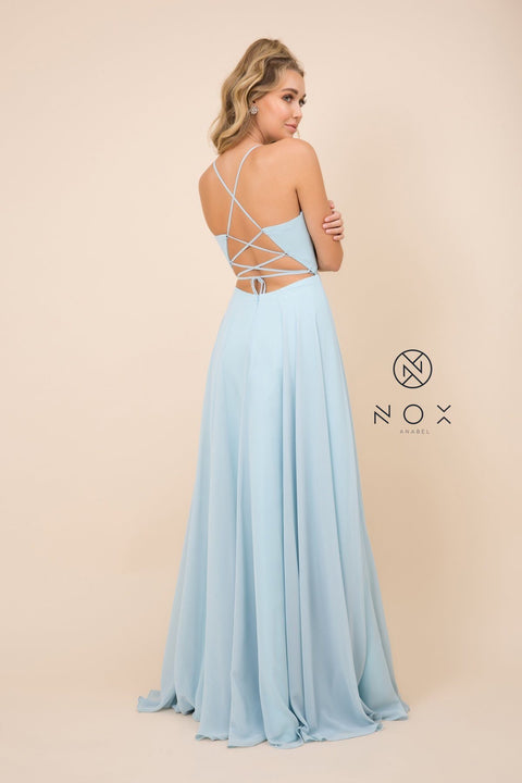 Long Deep V-Neck Gown with Corset Back by Nox Anabel R416