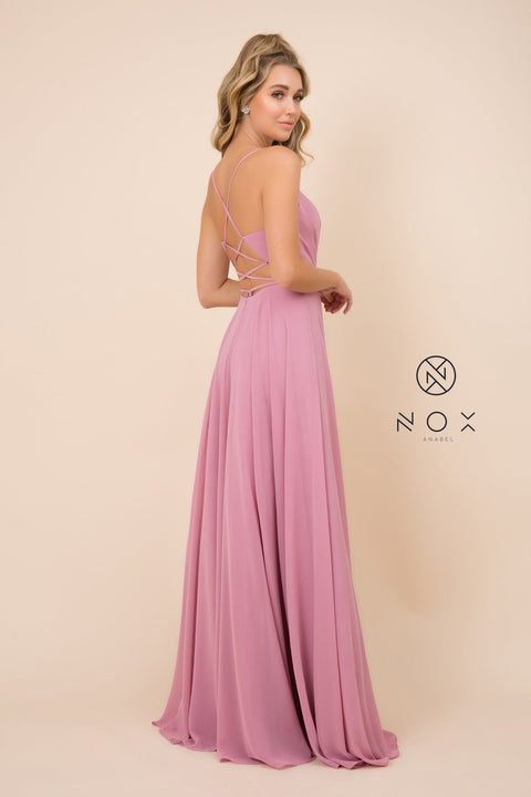 Long Deep V-Neck Gown with Corset Back by Nox Anabel R416