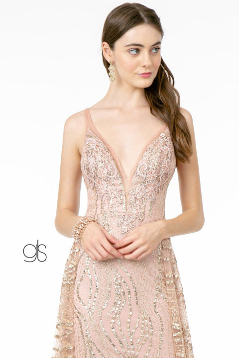 Elizabeth K GL2955: Long Glitter Dress with Deep V-Neck