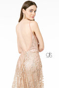 Elizabeth K GL2955: Long Glitter Dress with Deep V-Neck