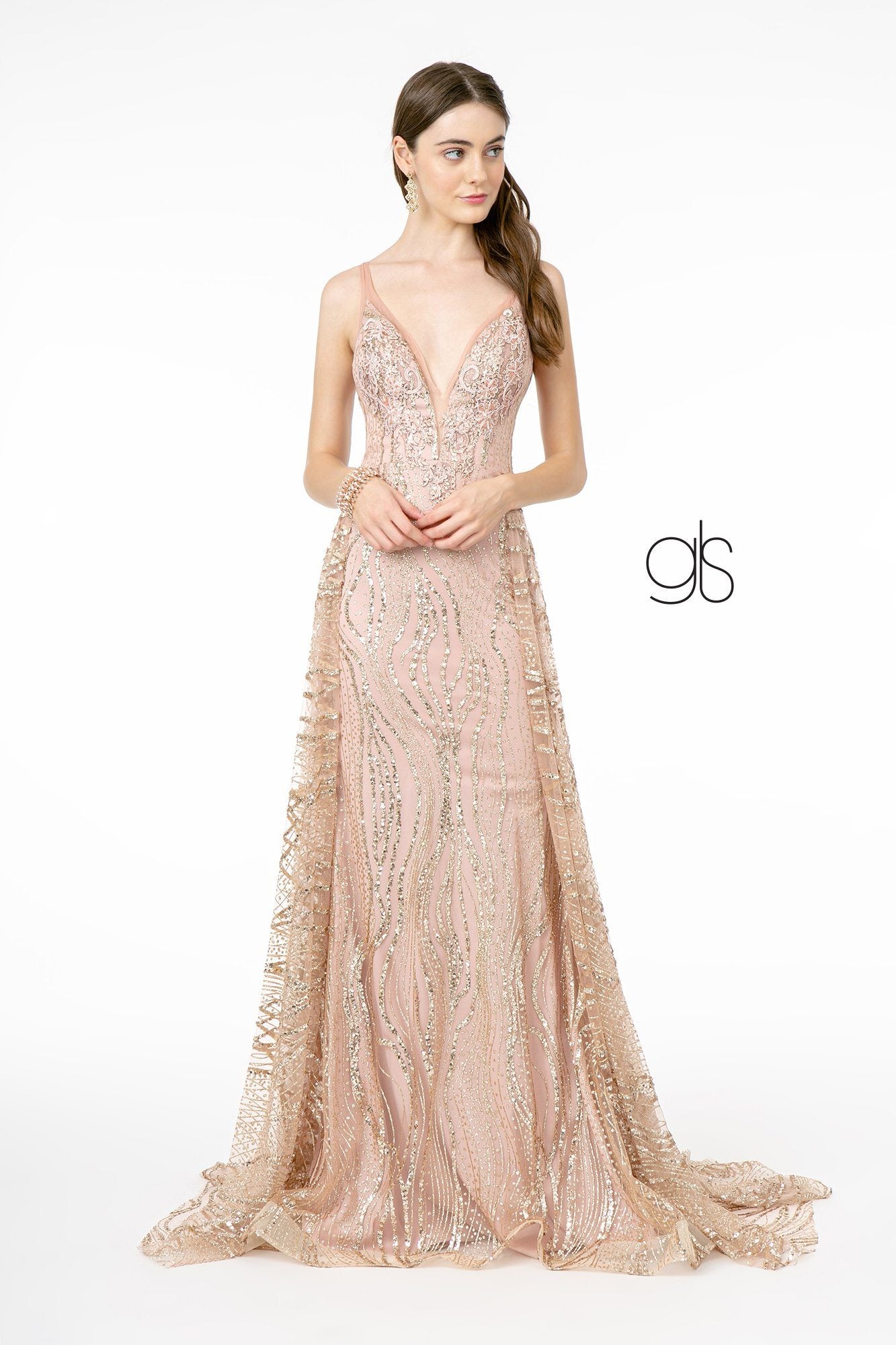 Elizabeth K GL2955: Long Glitter Dress with Deep V-Neck– sheerdreamz