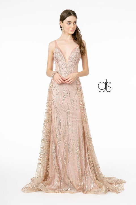 Elizabeth K GL2955: Long Glitter Dress with Deep V-Neck