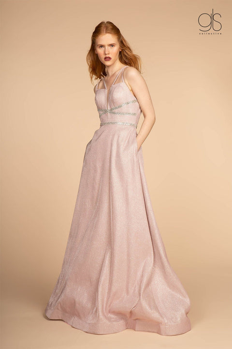 Elizabeth K GL2506: Long Glitter Dress with Deep V-Neck and Pockets
