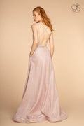 Elizabeth K GL2506: Long Glitter Dress with Deep V-Neck and Pockets
