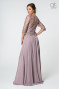 Elizabeth K GL2810: Long Dress with Embroidered Bodice and 3/4 Sleeves