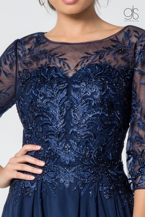 Elizabeth K Gl2810: Long Dress with Embroidered Bodice and 3/4 Sleeves – alternate view 3