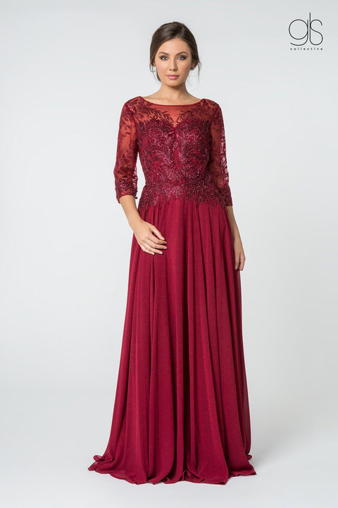 Burgundy Elizabeth K Gl2810: Long Dress with Embroidered Bodice and 3/4 Sleeves – alternate view 9