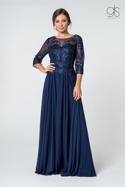 Elizabeth K Gl2810: Long Dress with Embroidered Bodice and 3/4 Sleeves