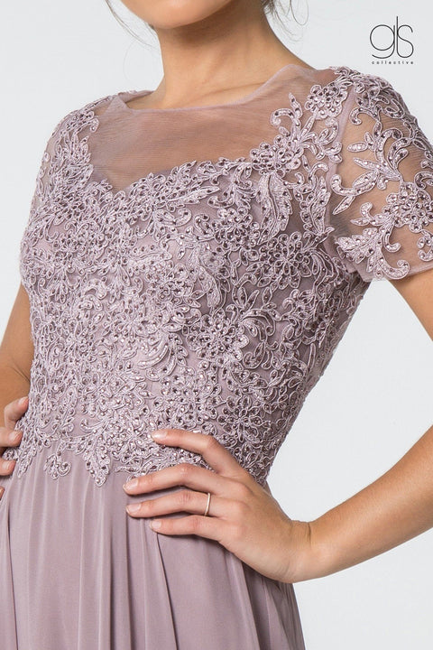 Long Embroidered Bodice Dress with Short Sleeves by Elizabeth K GL2813
