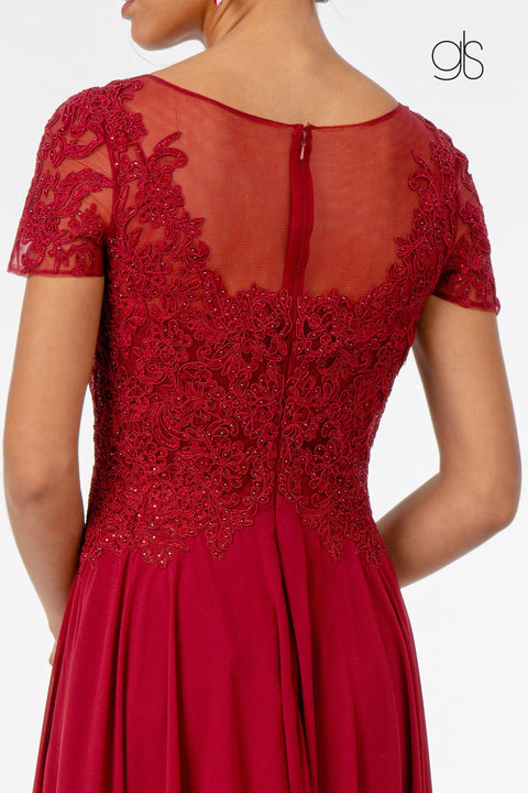 Long Embroidered Bodice Dress with Short Sleeves by Elizabeth K GL2813