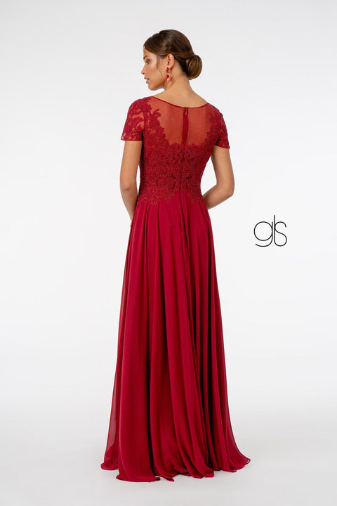 Long Embroidered Bodice Dress with Short Sleeves by Elizabeth K GL2813