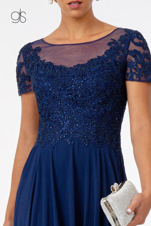 Long Embroidered Bodice Dress with Short Sleeves by Elizabeth K GL2813