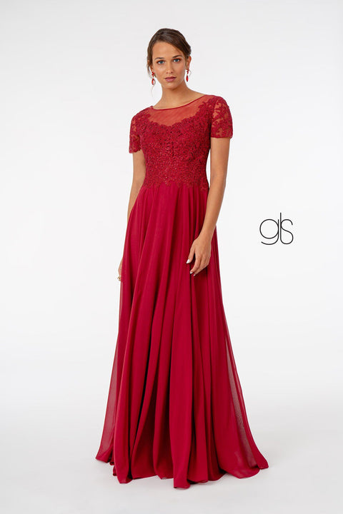 Long Embroidered Bodice Dress with Short Sleeves by Elizabeth K GL2813