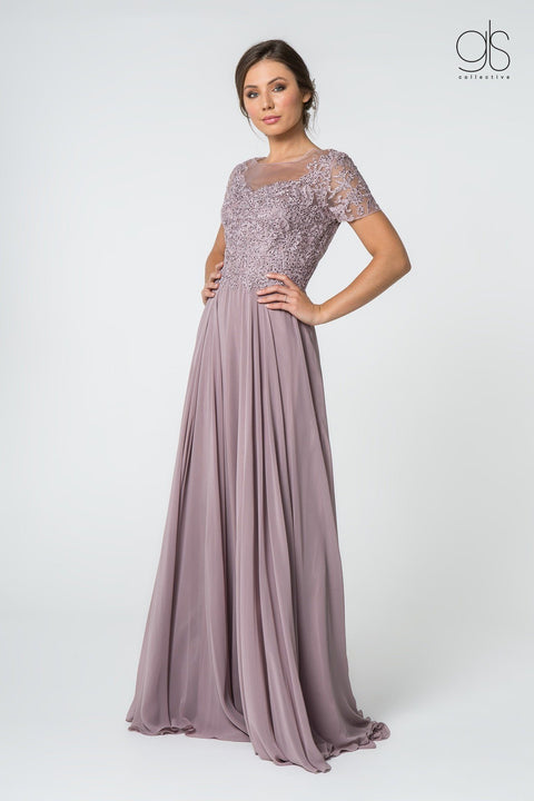 Long Embroidered Bodice Dress with Short Sleeves by Elizabeth K GL2813
