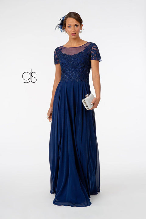 Long Embroidered Bodice Dress with Short Sleeves by Elizabeth K GL2813