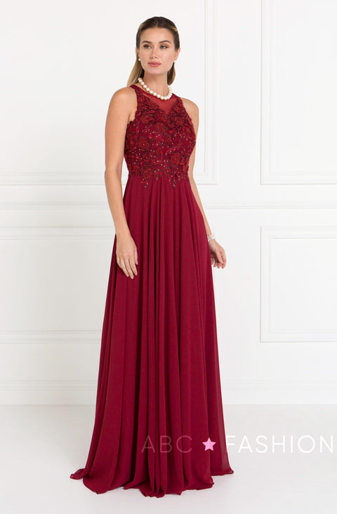 Elizabeth K Gl1570: Long Burgundy Chiffon Dress with Embroidery