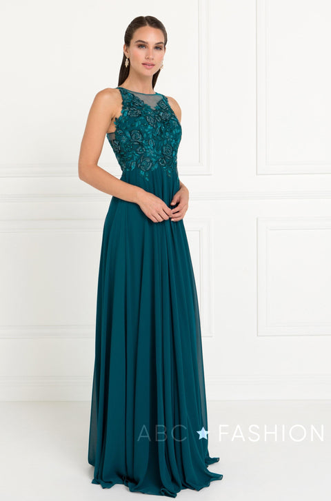 Elizabeth K Gl1570: Long Burgundy Chiffon Dress with Embroidery – alternate view 3