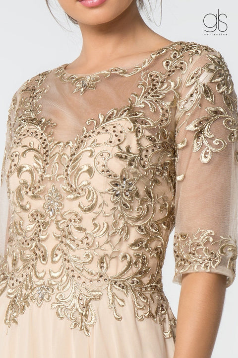 Elizabeth K Gl2812: Long Dress with Embroidered Bodice and Mid-Length Sleeves – alternate view 13