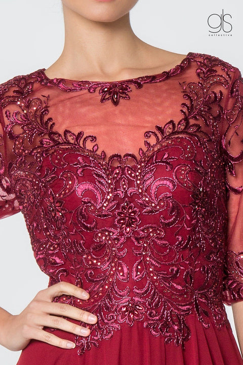Elizabeth K Gl2812: Long Dress with Embroidered Bodice and Mid-Length Sleeves – alternate view 6