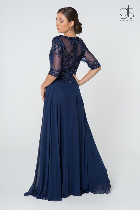 Elizabeth K Gl2812: Long Dress with Embroidered Bodice and Mid-Length Sleeves – alternate view 2