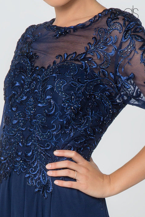 Elizabeth K Gl2812: Long Dress with Embroidered Bodice and Mid-Length Sleeves – alternate view 3