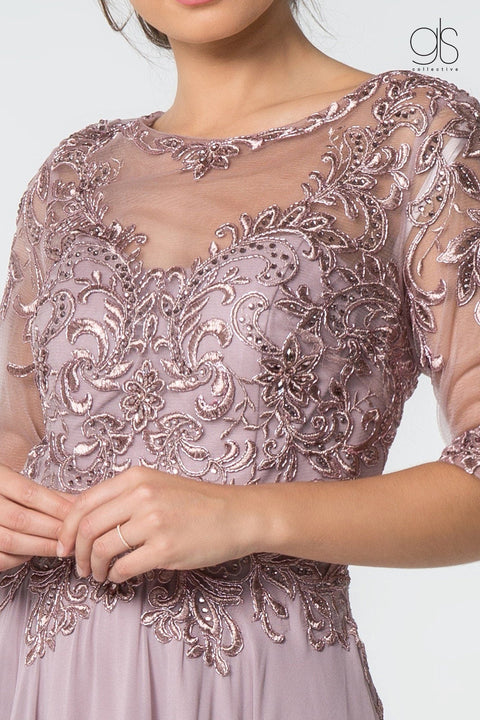 Elizabeth K Gl2812: Long Dress with Embroidered Bodice and Mid-Length Sleeves – alternate view 9
