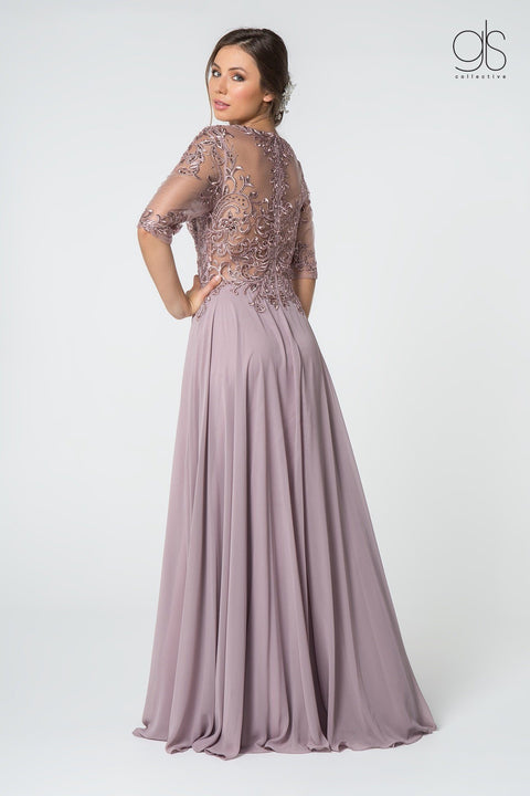 Elizabeth K Gl2812: Long Dress with Embroidered Bodice and Mid-Length Sleeves – alternate view 8