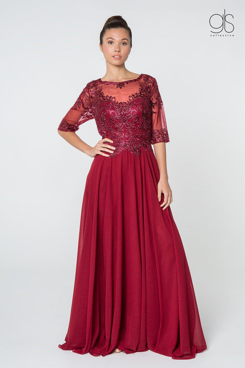 Burgundy Elizabeth K Gl2812: Long Dress with Embroidered Bodice and Mid-Length Sleeves – alternate view 5