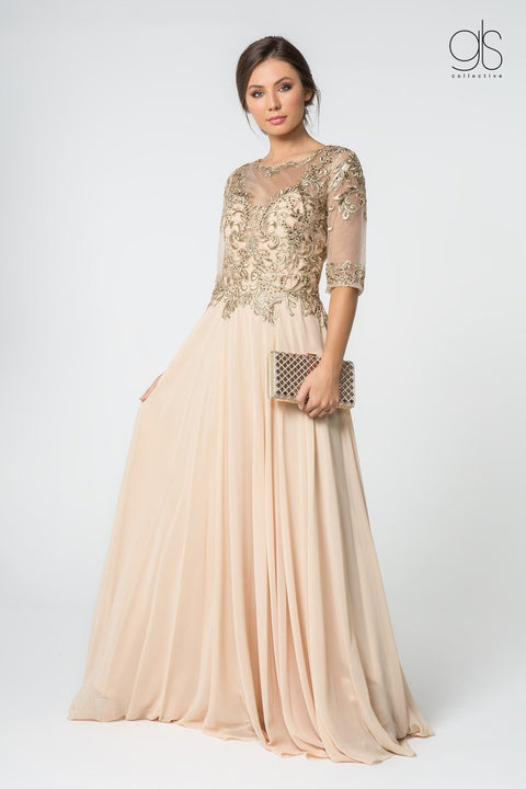 Champagne Elizabeth K Gl2812: Long Dress with Embroidered Bodice and Mid-Length Sleeves – alternate view 11