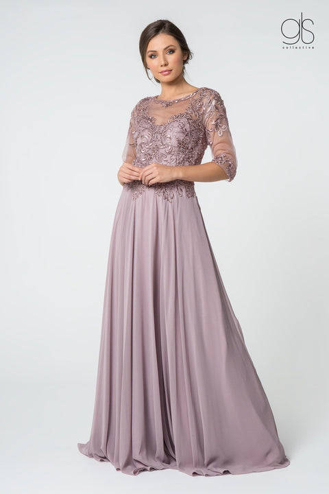 Elizabeth K Gl2812: Long Dress with Embroidered Bodice and Mid-Length Sleeves – alternate view 7