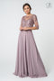 Elizabeth K GL2812: Long Dress with Embroidered Bodice and Mid-Length Sleeves