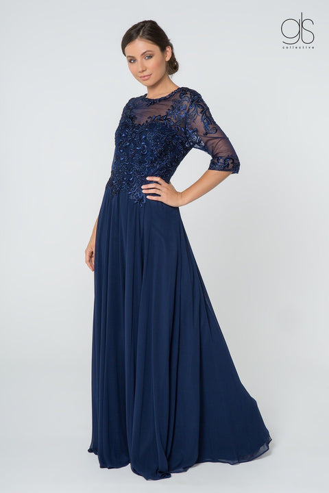 Elizabeth K Gl2812: Long Dress with Embroidered Bodice and Mid-Length Sleeves