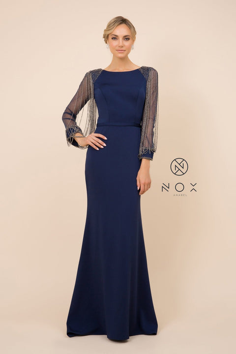 Fitted Long Dress with Beaded Puff Sleeves by Nox Anabel Y410