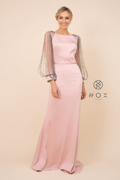 Fitted Long Dress with Beaded Puff Sleeves by Nox Anabel Y410