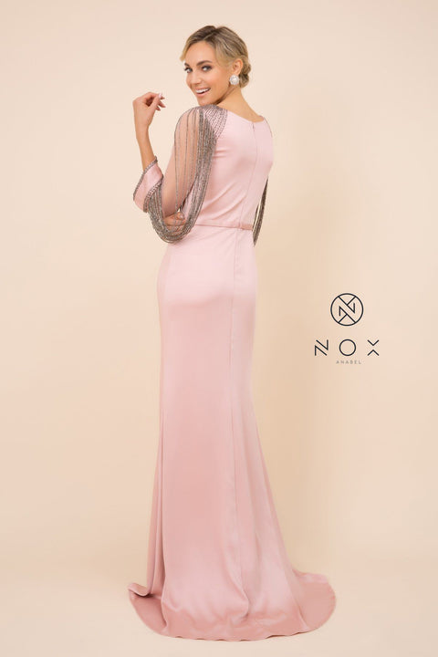 Fitted Long Dress with Beaded Puff Sleeves by Nox Anabel Y410
