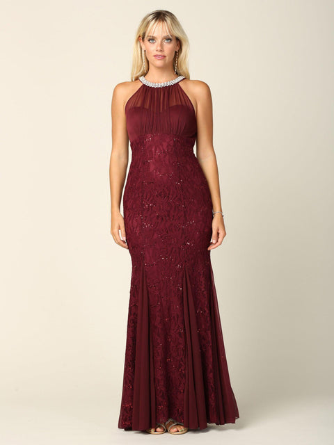 Formal Long Fitted Halter Lace Chiffon Dress