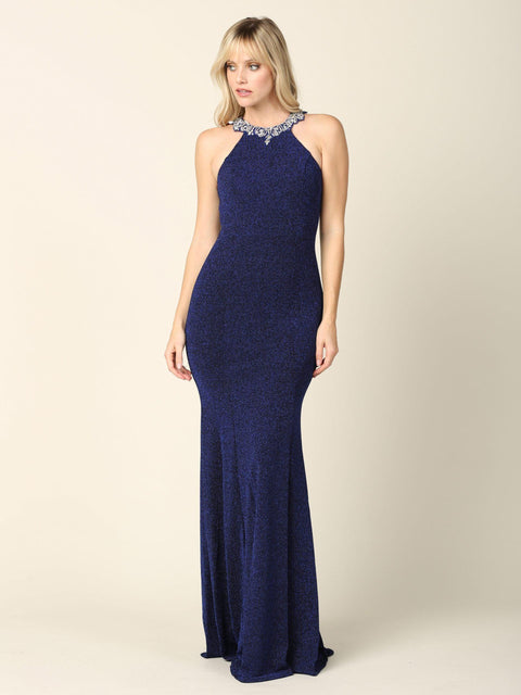 Metallic Long Fitted Halter Prom Dress