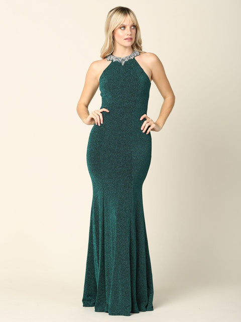 Metallic Long Fitted Halter Prom Dress
