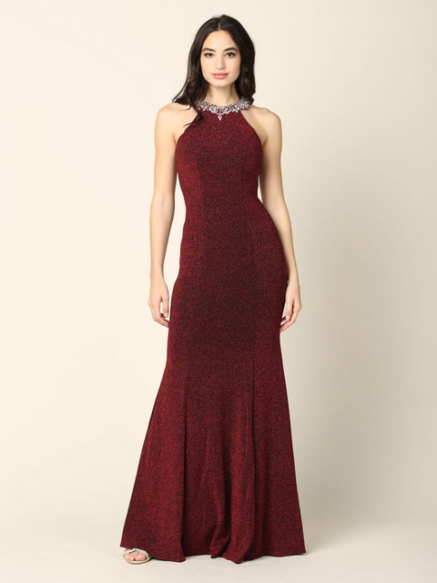 Metallic Long Fitted Halter Prom Dress